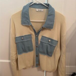 Sadie & Sage Cream Sweater Jacket with Denim Accents